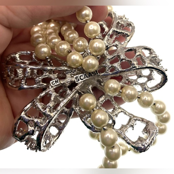 Vintage Signed Scaasi Pearl Necklace Crystal Bow Bold Statement Piece 80s 90s - Picture 9 of 10